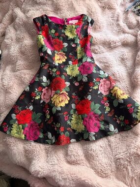 Baker by Ted Baker Black Floral Fit & Flare Dress with Red, Pink, Yellow Roses